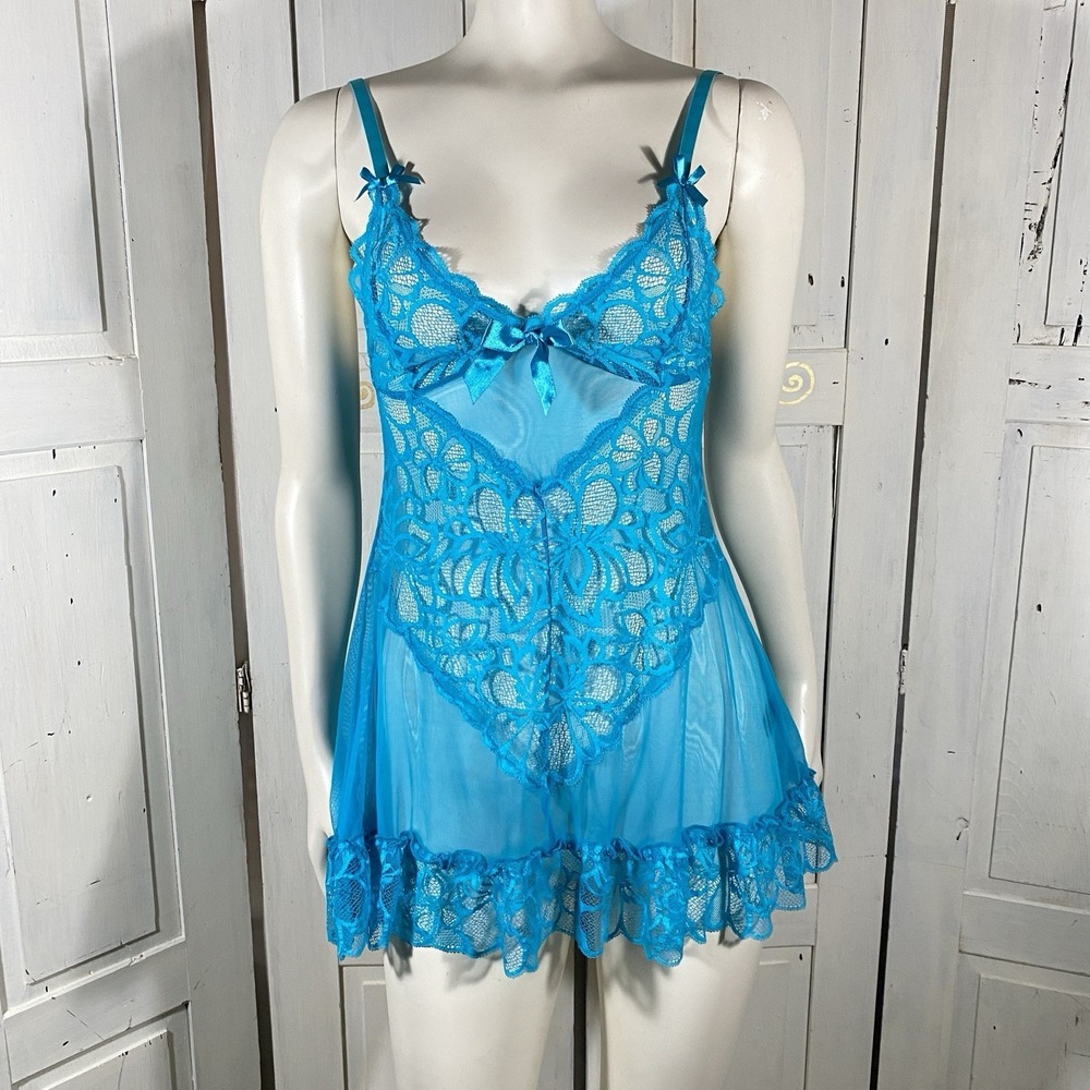 Frederick's of Hollywood Turquoise Sheer Lace Babydoll Lingerie Dress Size L